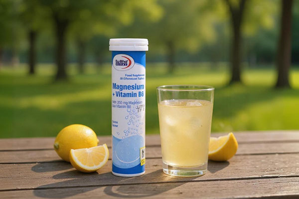 بسته‌بندی قرص جوشان منیزیم B6 یوروویتال کنار لیوان آب و برش‌های لیمو