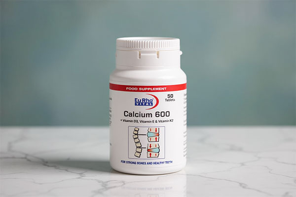 تصویر قرص کلسیم ۶۰۰ یوروویتال روی سطح مرمری سفید