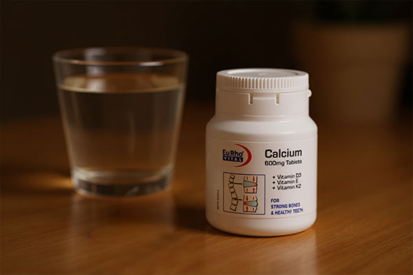 تصویر قرص کلسیم ۶۰۰ یوروویتال کنار لیوان آب