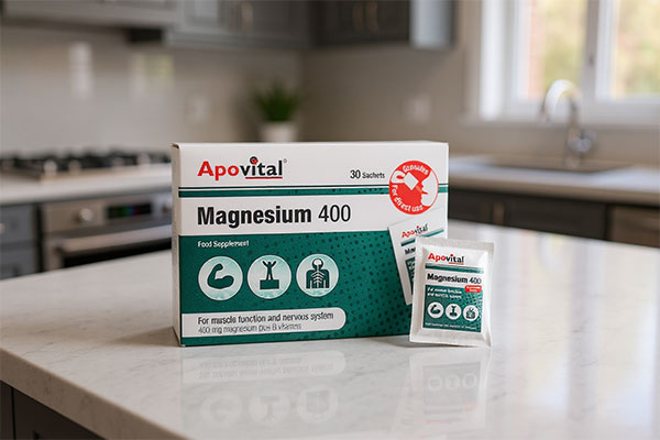 ساشه منیزیم 400 آپوویتال روی پیشخوان سفید