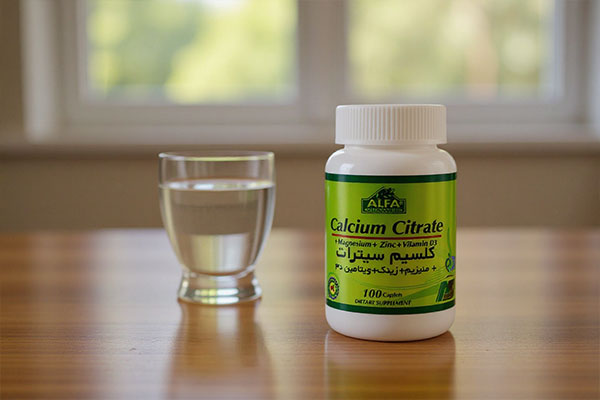 قرص کلسیم سیترات آلفا کنار لیوان آب