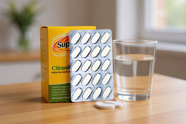 تصویر قرص سیترامگ B6 سوپرابیون کنار لیوان آب