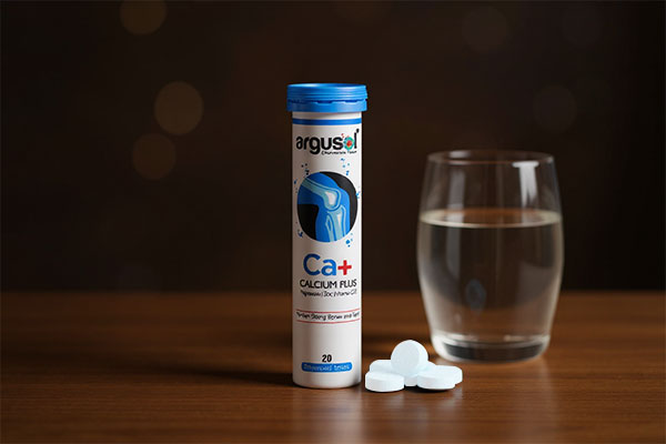 بسته‌بندی قرص جوشان کلسیم پلاس آرگوسول با طعم بلوبری