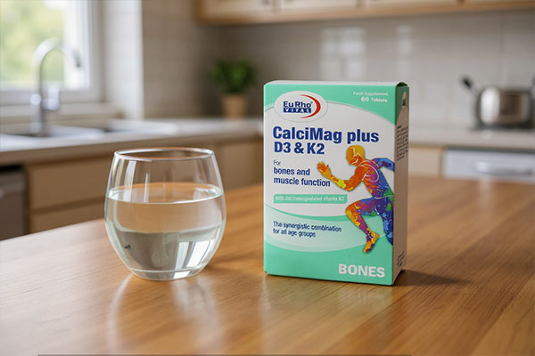 قرص‌های کلسی مگ پلاس یوروویتال کنار لیوان آب