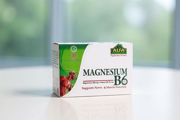 قرص منیزیم b6 آلفا ویتامینز در بسته‌بندی قوطی پلاستیکی