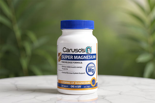 تصویر قرص سوپر منیزیم کاروسوس نچرال هلث روی سطح مرمری سفید