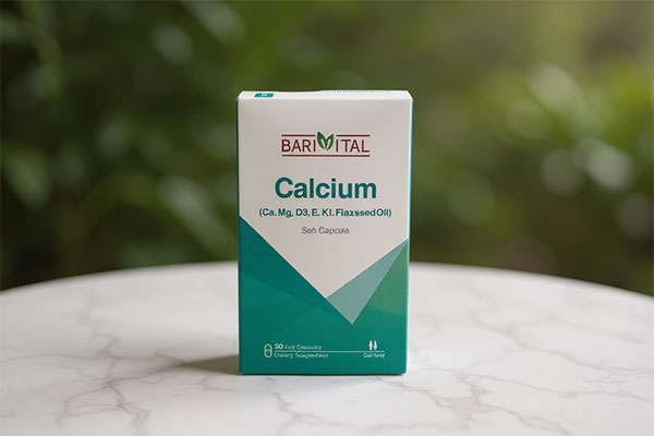 تصویر کپسول کلسیم باریویتال باریج اسانس در بسته‌بندی قوطی پلاستیکی