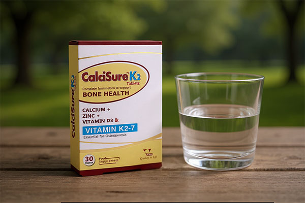 قرص کلسی شور K2 ویتان کنار لیوان آب برای مصرف روزانه