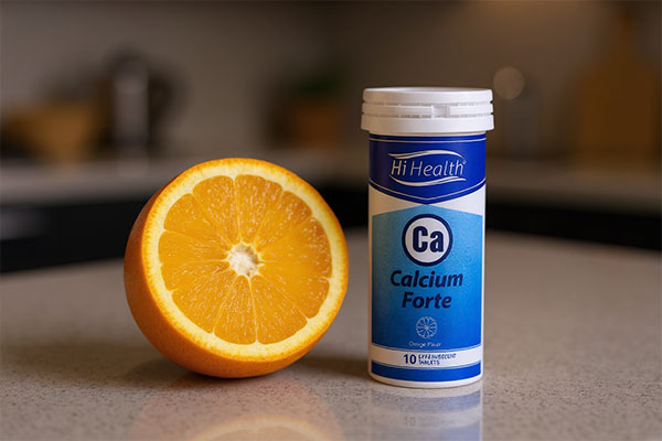 قرص جوشان کلسیم فورت های هلث کنار پرتقال تازه