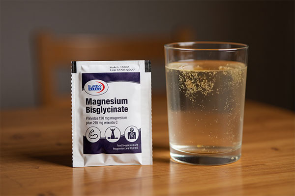 تصویر ساشه منیزیم بیس گلیسینات یوروویتال در کنار لیوان آب