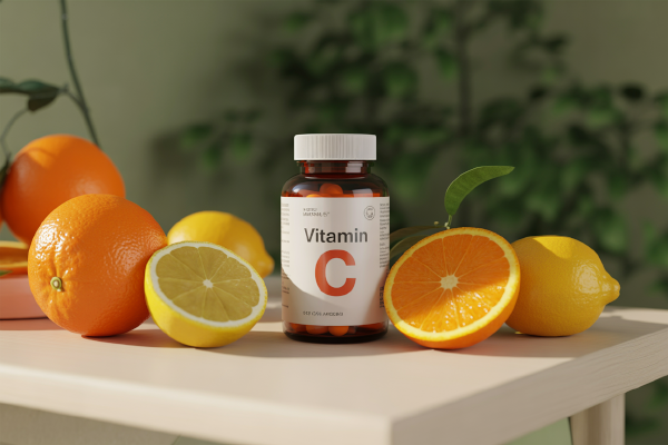 تصویر بطری مکمل ویتامین سی با میوه&zwnj;های تازه مرکبات