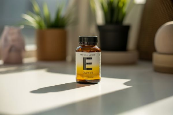 بطری مکمل ویتامین ای روی سطح سفید - خرید ویتامین E از زیوش