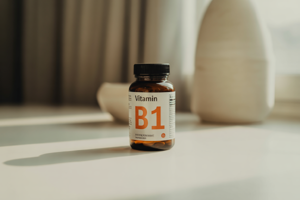 بطری مکمل ویتامین B1 با کیفیت بالا روی سطح سفید
