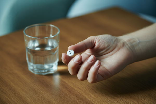 بطری قرص ویتامین B2 روی سطح سفید با کیفیت بالا