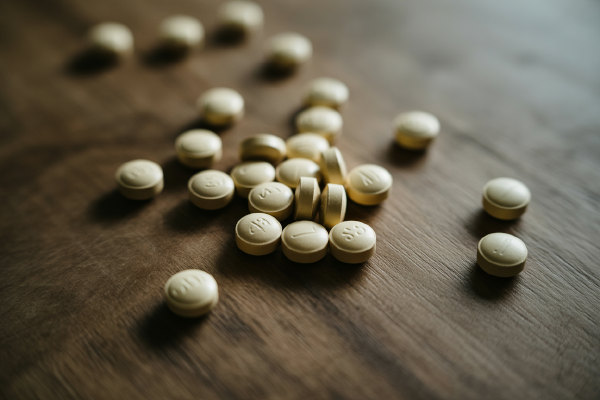 تصویر قرص&zwnj;های ویتامین B3 روی میز چوبی با کیفیت بالا