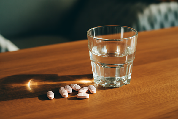 تصویر قرصهای بیوتین کنار لیوان آب برای مصرف روزانه