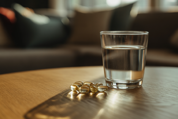 کپسول ویتامین آ کنار لیوان آب