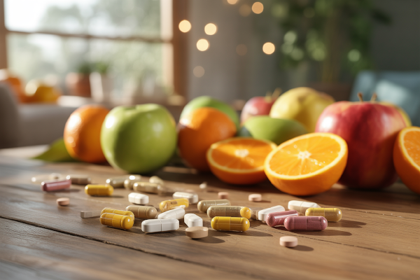 تصویر قرص&zwnj;ها و کپسول&zwnj;های مولتی ویتامین همراه با میوه&zwnj;های تازه