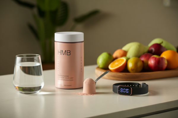 مکمل اچ ام بی کنار لیوان آب و تجهیزات ورزشی